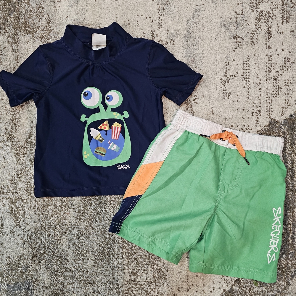 Skechers Navy Rashguard with Green Monster & Green Swim Shorts
